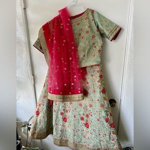 Indian lehenga teal embroidered wedding guest dress. Top With Skirt and Sari